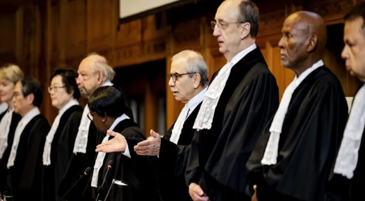 Nawaf Salam (C), president of the court, speaks during a hearing at the ICJ [Robin Van Lonkhuijsen/EPA]