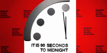 Doomsday Clock, set to 90 seconds before midnight, January 24, 2023. The Bulletin of the Atomic Scientists developed the symbolic clock in 1947.