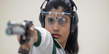 Kishmala Talat, Pakistan’s first female to qualify for Olympic shooting, aims an air pistol at a 10m target range during a practice session at the Army Marksmanship Unit (AMU) in Jhelum. (May 21, 2024/ AFP)