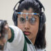 Kishmala Talat, Pakistan’s first female to qualify for Olympic shooting, aims an air pistol at a 10m target range during a practice session at the Army Marksmanship Unit (AMU) in Jhelum. (May 21, 2024/ AFP)
