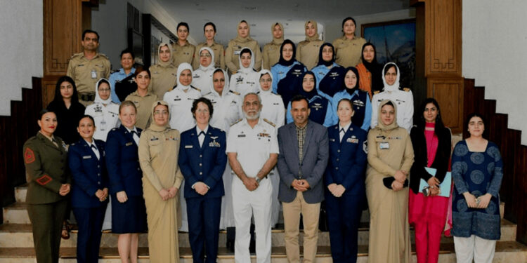 Female officers from the Office of Defence Representative of Pakistan (ODRP) and Pakistani military officers from all three services gathered earlier this year as part of a State Department-sponsored program. — Raja Ali, ODRP via State Dept website