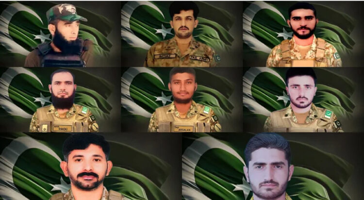 (Clockwise) Pakistan Army's martyred soldiers Lance Naik Sabz Ali, Sepoy Imtiaz Khan, Sepoy Sobhan Majeed, Naib Subedar Muhammad Shehzad, Sepoy Arsalan Aslam, Havildar Shahzad Ahmed, Havildar Zil-e-Hussain and Sepoy Ashfaq Hussain Khan in this image released on July 16, 2024. — ISPR