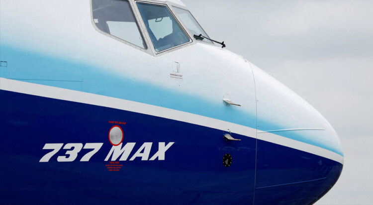 A Boeing 737 MAX aircraft is displayed at the Farnborough International Airshow, in Farnborough, Britain, July 20, 2022. REUTERS/Peter Cziborra/File Photo