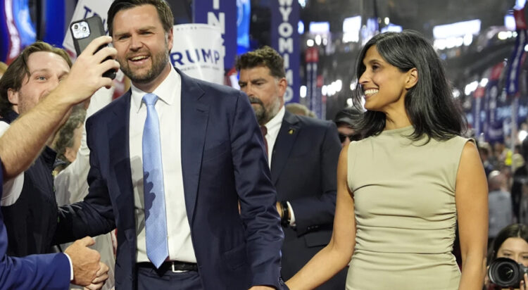 Senator J.D. Vance of Ohio and his wife, Usha Vance, appeared on the Republican National Convention floor to be nominated for vice president on the first day of the convention in Milwaukee.Credit...Haiyun Jiang for The New York Times