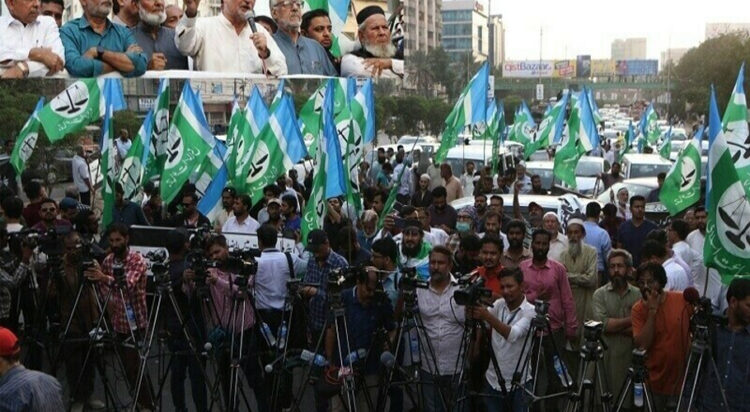 File A picture shows JI leaders addressing media at Karachi’s Sharea Faisal on September 19, 2023 — (Image: JI)