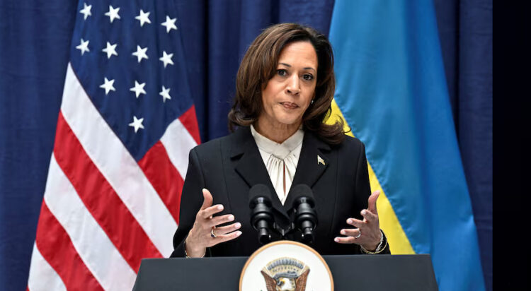 US Vice President Kamala Harris and Ukrainian President Volodymyr Zelensky (not pictured) give a joint press conference at the Munich Security Conference (MSC) in Munich, southern Germany February 17, 2024. TOBIAS SCHWARZ/Pool via REUTERS/File Photo