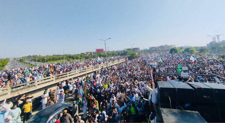 Tehreek-e-Labbaik Pakistan party stages protest at the Faizabad Interchange on July 13, 2024. (Photo courtesy: X/@SenatorMushtaq)