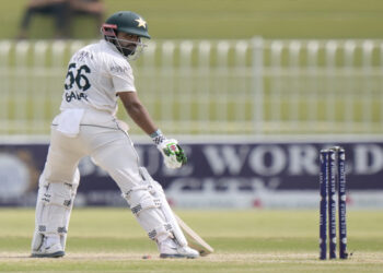 Babar Azam reacts after he is bowled out by Bangladesh’s Nahid Rana. (AP Photo/Anjum Naveed)