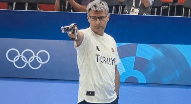 Yusuf Dikec and partner Sevval Ilayda Tarhan won silver on Tuesday for Turkey in the mixed team 10m air pistol, losing to Serbia in the gold medal match. (Image: X @Olympic)