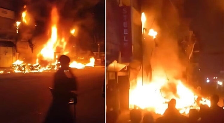 The fire erupted at the unauthorized petrol pump and an adjoining tyre shop (Image: Express Tribune)