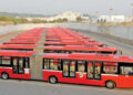 Metro buses parked on a track near Pak Secretariat station . (Photo by Mohammad Asim/Dawn.com)