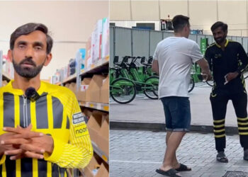 Delivery rider Muhammad Mohsin Nazir (L), Kajetan Hubner meeting the Noon rider (R). Photos: Khaleej Times