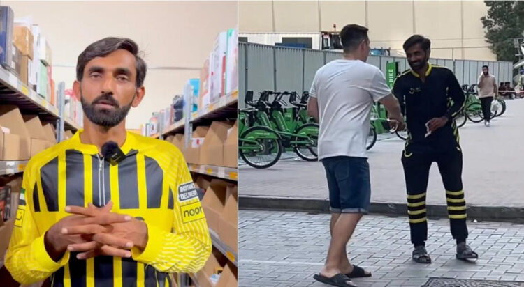 Delivery rider Muhammad Mohsin Nazir (L), Kajetan Hubner meeting the Noon rider (R). Photos: Khaleej Times