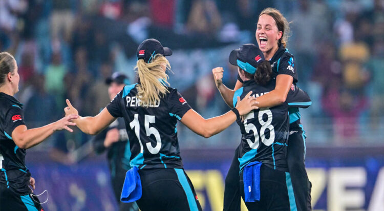 New Zealand's players celebrate their victory at the end of the ICC Women's T20 World Cup cricket final. Photograph: Giuseppe Cacace/AFP/Getty Images