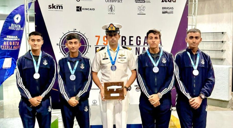 Cadets of Pakistan Navy’s sailing team won the silver medal by securing second position in the 79th International Naval Academy Sailing Competition held in Rio de Janeiro, Brazil (Image: Express News)