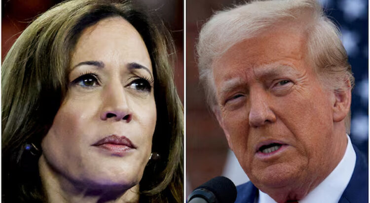 U.S. Vice President Kamala Harris in Milwaukee, Wisconsin, U.S. August 20, 2024 and former U.S. President Donald Trump in Bedminster, New Jersey, U.S., August 15, 2024 are seen in a combination of file photographs. REUTERS/Marco Bello, Jeenah Moon/File Photo