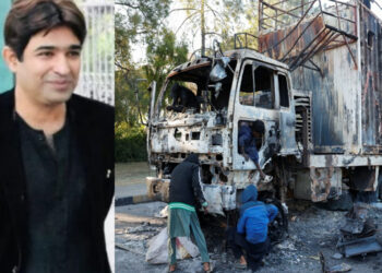 A combo of images shows senior bureaucrat Suleman Shah Rashdi and Women and children who collect recyclables from the burnt truck used by Bushra Bibi, after security forces launched a raid on PTI supporters who had stormed the capital demanding his release on Tuesday, in Islamabad on Nov 27, 2024. — (Image: Daily Ausaf/Reuters)