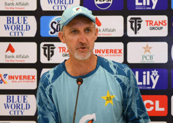 Jason Gillespie speaks during a press conference at the Multan Cricket Stadium in Multan, Pakistan, on September 2, 2024. (PCB)