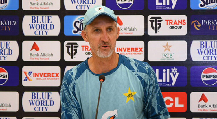 Jason Gillespie speaks during a press conference at the Multan Cricket Stadium in Multan, Pakistan, on September 2, 2024. (PCB)