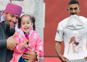 Khaled Nabhan with his granddaughter Reem (L), who was killed in November 2023 in an Israeli airstrike in Al Nuseirat refugee camp in southern Gaza. Ahmed Hassan Kouka’s tribute came during the match when he revealed a white shirt under his jersey, featuring an image of Khaled Nabhan
(Image: Nabhan family/Instagram @ truth.seeker254)