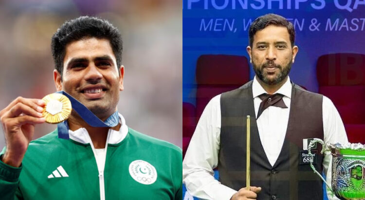 Gold medalist Pakistan's Arshad Nadeem (L), Muhammad Asif (R) posing after his third IBSF World Snooker Championship title in Qatar. ((AFP/Radio Pakistan)