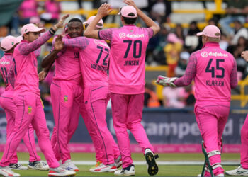 South Africa’s Kagiso Rabada (3L) celebrates with teammates after dismissing Pakistan’s Abdullah Shafique for a duck during the third International cricket match between South Africa and Pakistan, at the Wanderers stadium in Johannesburg, South Africa on December 22, 2024. (AP)