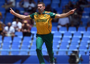 South Africa’s Anrich Nortje celebrates dismissing USA’s Corey Anderson during the ICC men’s Twenty20 World Cup 2024 Super Eight cricket match at Sir Vivian Richards Stadium in North Sound, Antigua and Barbuda on June 19, 2024. (AFP/File)