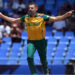 South Africa’s Anrich Nortje celebrates dismissing USA’s Corey Anderson during the ICC men’s Twenty20 World Cup 2024 Super Eight cricket match at Sir Vivian Richards Stadium in North Sound, Antigua and Barbuda on June 19, 2024. (AFP/File)