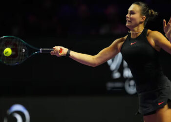 Tennis - WTA Finals - King Saud University Indoor Arena, Riyadh, Saudi Arabia - November 8, 2024 Belarus' Aryna Sabalenka in action during her women's singles semi final match against Coco Gauff of the U.S. REUTERS/Aleksandra Szmigiel/File Photo