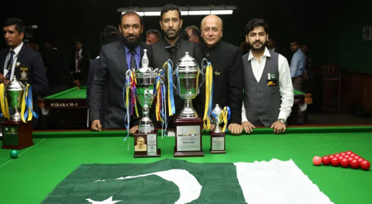 Pakistan's Mohammad Asif (second from left) with the trophies after winning 3rd SAARC Snooker Championship in Colombo on January 10, 2025. (Image credit: Geo Super)