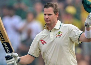 Australia’s captain Steve Smith celebrates after scoring a century against Sri Lanka. | Photo Credit: AFP