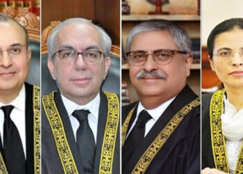 (From left to right) Justice Syed Mansoor Ali Shah, Justice Munib Akhtar, Justice Athar Minallah and Justice Ayesha A Malik. (Credit: SC website)