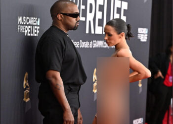 Kanye West and Australian model Bianca Censori arrive for the 67th Annual Grammy Awards at the Crypto.com Arena in Los Angeles on Feb. 2, 2025.