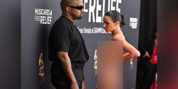 Kanye West and Australian model Bianca Censori arrive for the 67th Annual Grammy Awards at the Crypto.com Arena in Los Angeles on Feb. 2, 2025.