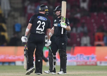 New Zealand's Tom Latham (right) celebrates scoring a half-century during the tri-nation ODI series final against Pakistan at the National Bank Stadium in Karachi on February 14, 2025. — PCB