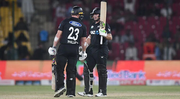 New Zealand's Tom Latham (right) celebrates scoring a half-century during the tri-nation ODI series final against Pakistan at the National Bank Stadium in Karachi on February 14, 2025. — PCB