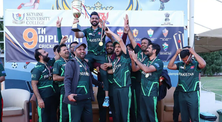 Pakistan Consulate players celebrate after defeating Bangladesh in the final of the Diplomatic Cup Cricket Championship 2025 in Dubai. (Image: Pakistan Consulate)