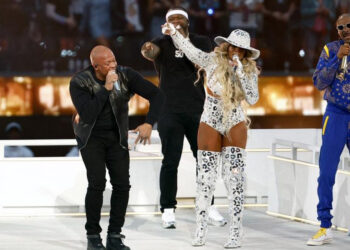 (L-R) Kendrick Lamar, Eminem, Dr. Dre, 50 Cent, Mary J. Blige, and Snoop Dogg perform during the Pepsi Super Bowl LVI Halftime Show at SoFi Stadium on February 13, 2022, in Inglewood, California. | Photo Credit: Getty Images via AFP