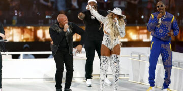 (L-R) Kendrick Lamar, Eminem, Dr. Dre, 50 Cent, Mary J. Blige, and Snoop Dogg perform during the Pepsi Super Bowl LVI Halftime Show at SoFi Stadium on February 13, 2022, in Inglewood, California. | Photo Credit: Getty Images via AFP