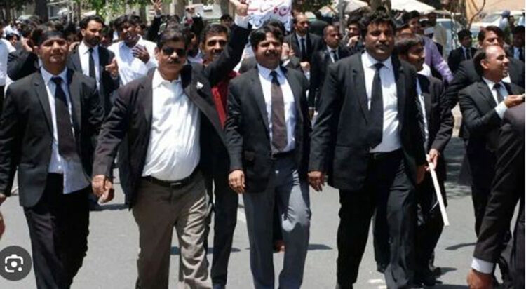 Lawyers gather in front of Hyderabad SSP’s office in an abortive attempt to meet him, on Tuesday (Credit: Dawn.com)