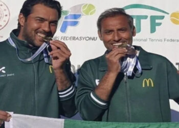 Aisam-ul-Haq Qureshi and Aqeel Khan secure gold medal in the men’s 45+ doubles category at the ITF Masters World Championship, in Manavgat, Turkey. (Image: Social media)