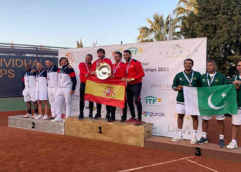 The winners' podium for the Dubler Cup Men’s 45+ Category. — Courtesy of the Pakistan Tennis Federation