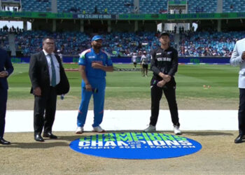 India captain Rohit Sharma along side New Zealand captain Mitchell Santner during the toss (image: screen grab)