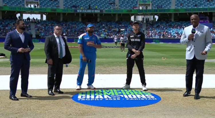 India captain Rohit Sharma along side New Zealand captain Mitchell Santner during the toss (image: screen grab)