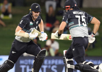 New Zealand’s Michael Bracewell and Daryl Mitchell in action against Pakistan. | Photo Credit: AFP