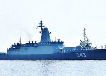 In this official handout photo provided by the Pakistan Navy on March 16, 2025, the Russian Navy frigate RFS REZKIY is seen docking at Karachi port in Karachi, Pakistan. (Image credit: Pakistan Navy via APP)