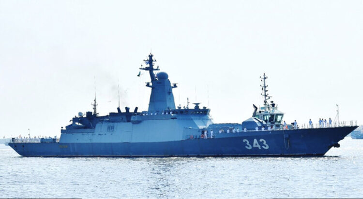 In this official handout photo provided by the Pakistan Navy on March 16, 2025, the Russian Navy frigate RFS REZKIY is seen docking at Karachi port in Karachi, Pakistan. (Image credit: Pakistan Navy via APP)