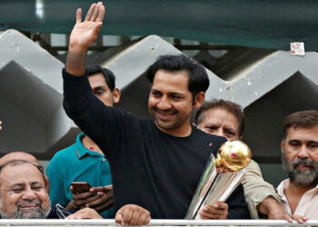 Sarfaraz Ahmed with CT Trophy 2017 at his home in Karachi. File photo