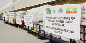Pakistan dispatches humanitarian assistance consignment containing 35 tonnes of relief supplies for quake-hit Myanmar on April 1, 2025. — PID