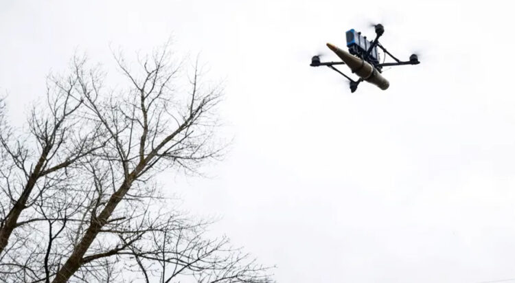 This representational image shows a FPV drone flying at an undisclosed location in the Kharkiv region of northeastern Ukraine on January 19, 2025 [Alina Smutko/Reuters]